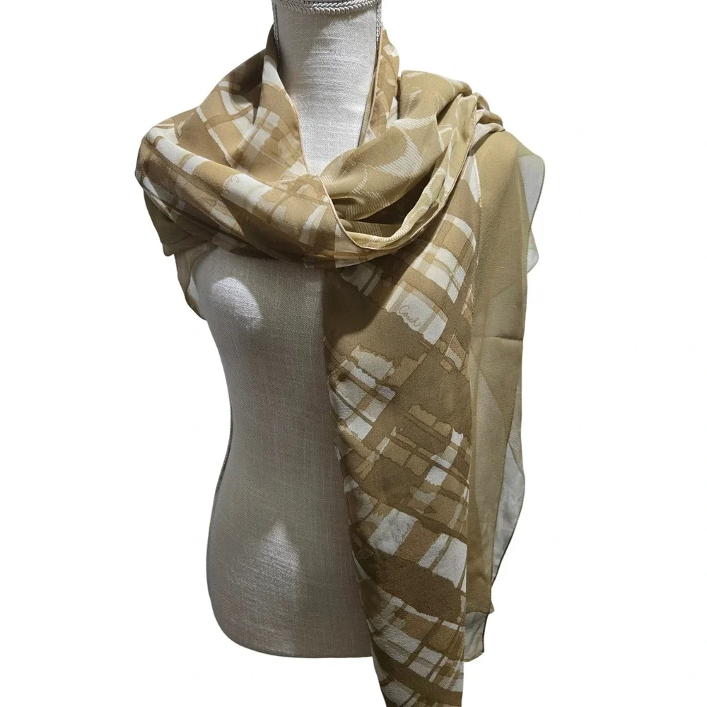 Vintage Coach Scarf Silk Blend Tan Beige Signature C Monogram 64 inches  #1049